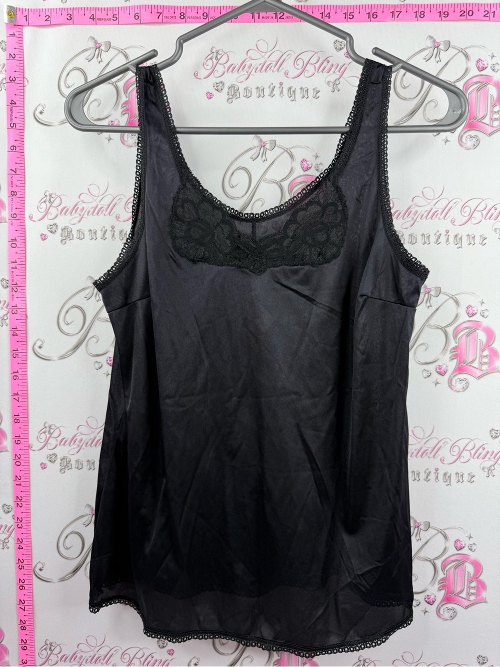 CARROLL REED tank top Black Lace-Trim Satin Chemise Tank vintage Intimates